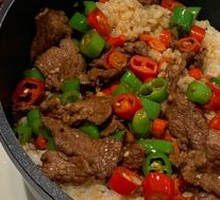 Beef with Two Peppers in Rice Soup