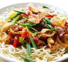 Onion Stir-Fry with Pork over Noodles